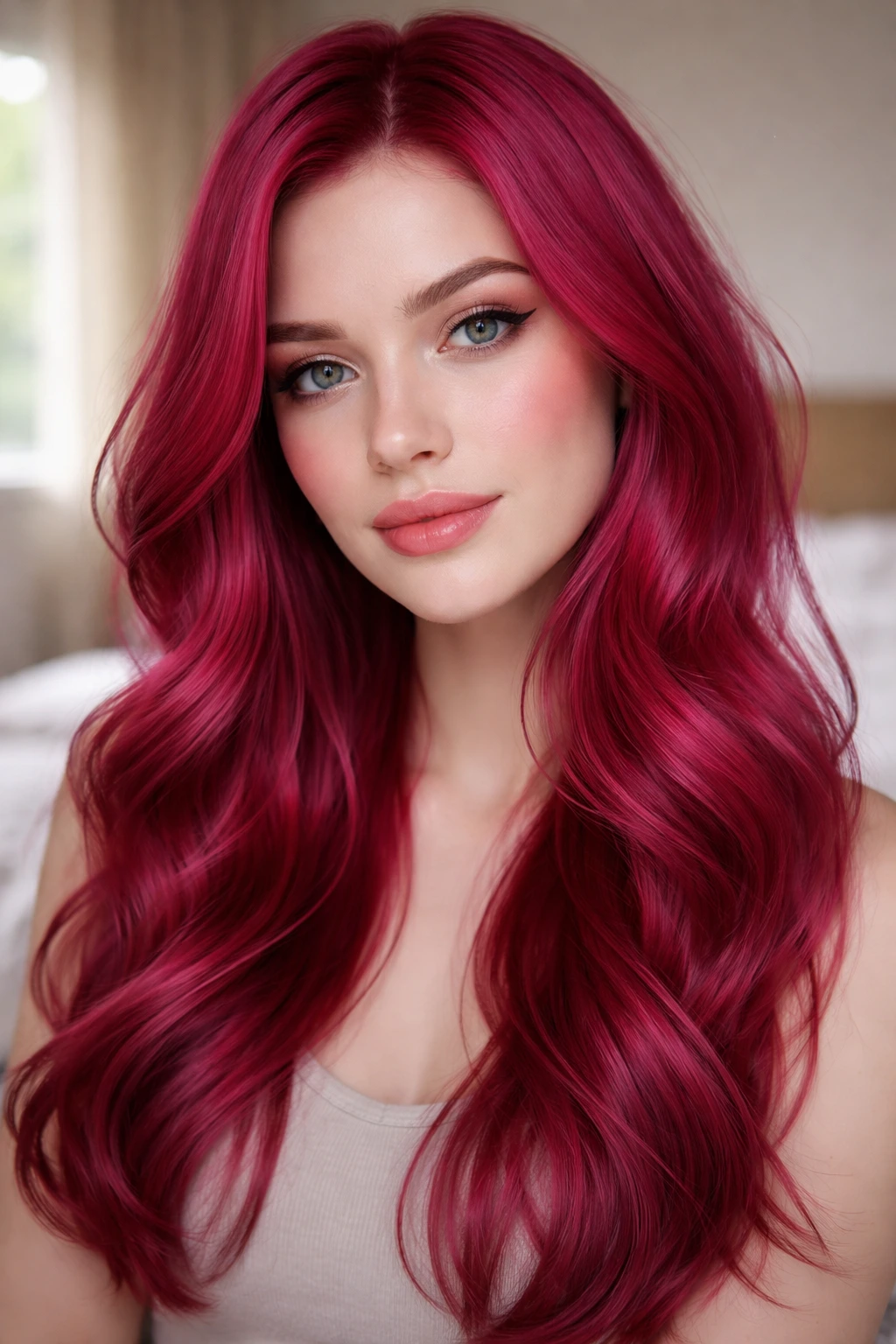 Close-up portrait of a real person with Raspberry Sorbet hair under natural light