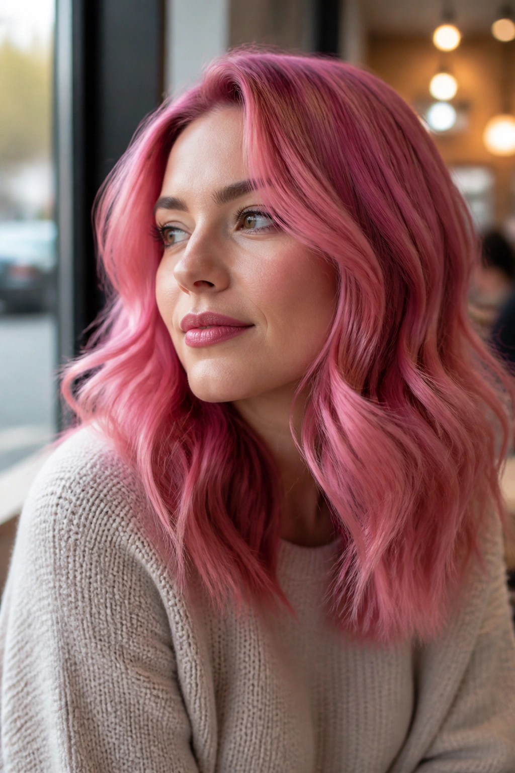 Shoulder-length raspberry sorbet hair on a real woman in a sunlit cafe setting.