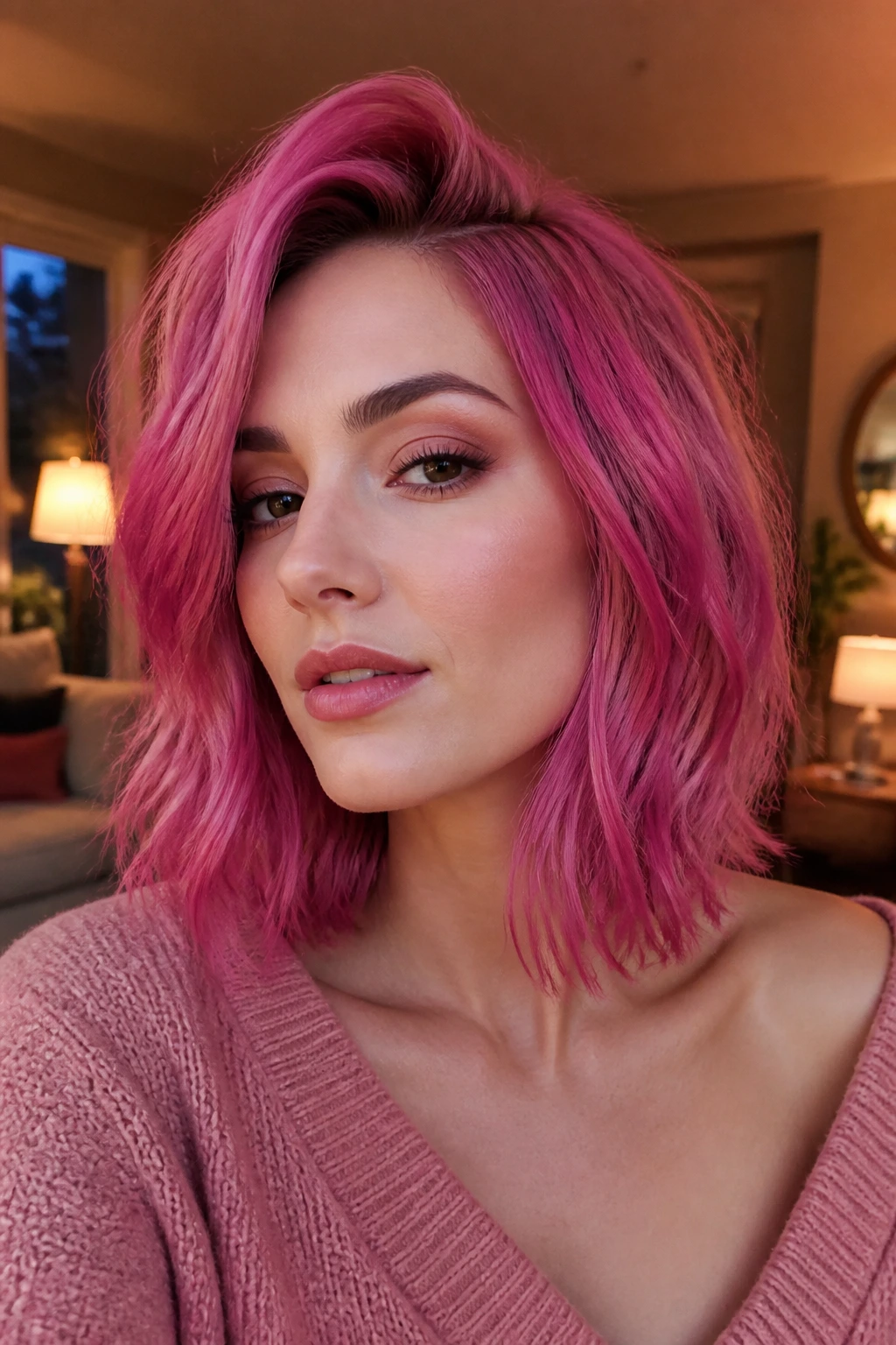 Close-up portrait of a real woman with raspberry sorbet pink hair in warm indoor light