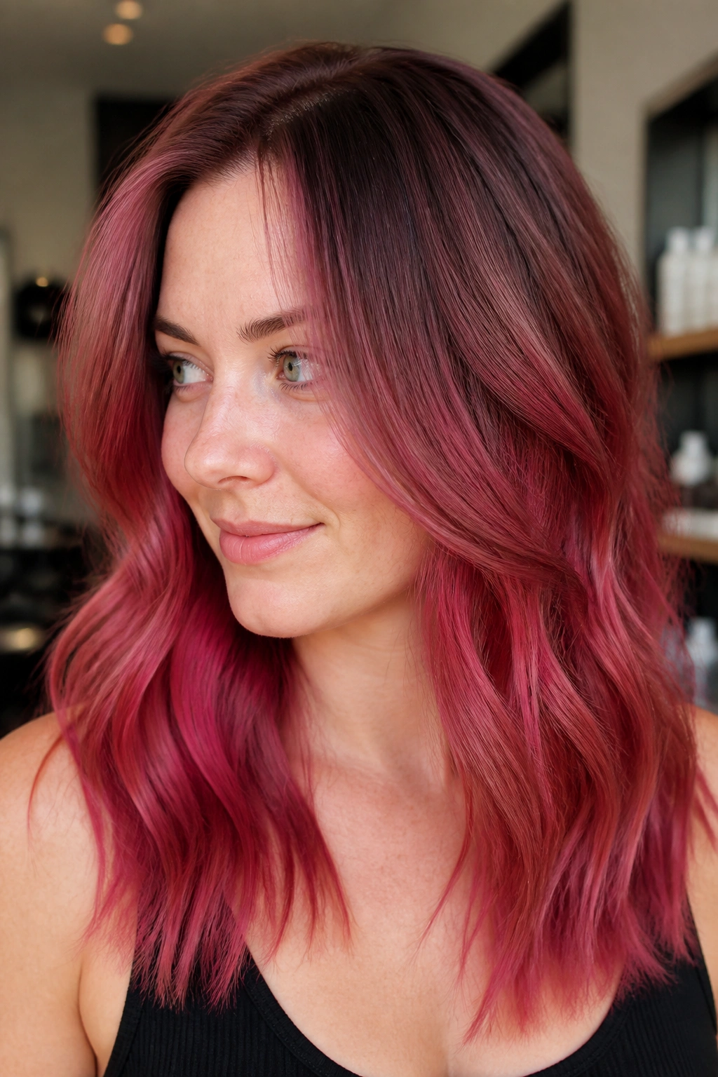 Close-up of a woman with raspberry-red melted strawberry hair with smoked root shadow
