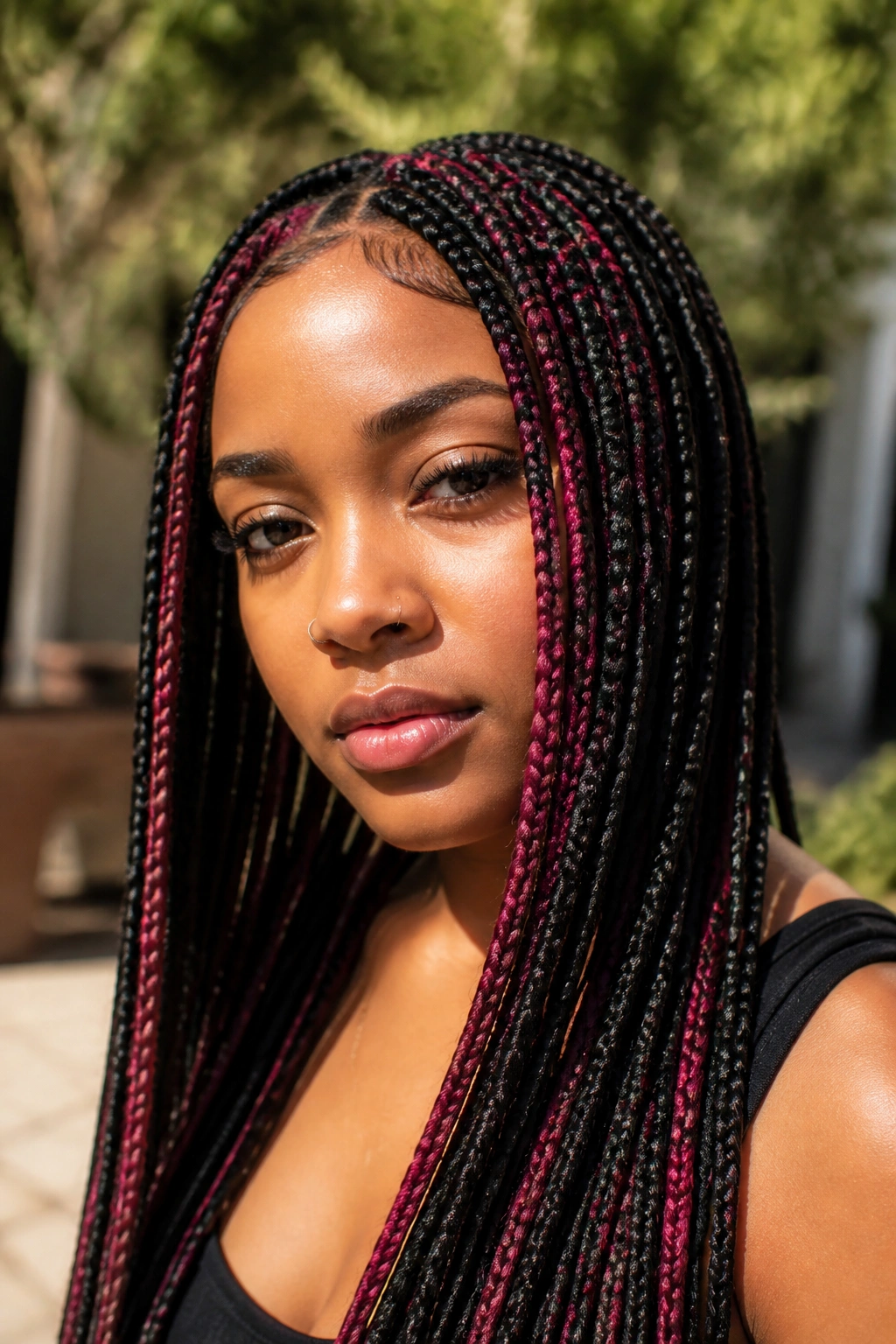 Box braids with raspberry pink streaks on a real woman