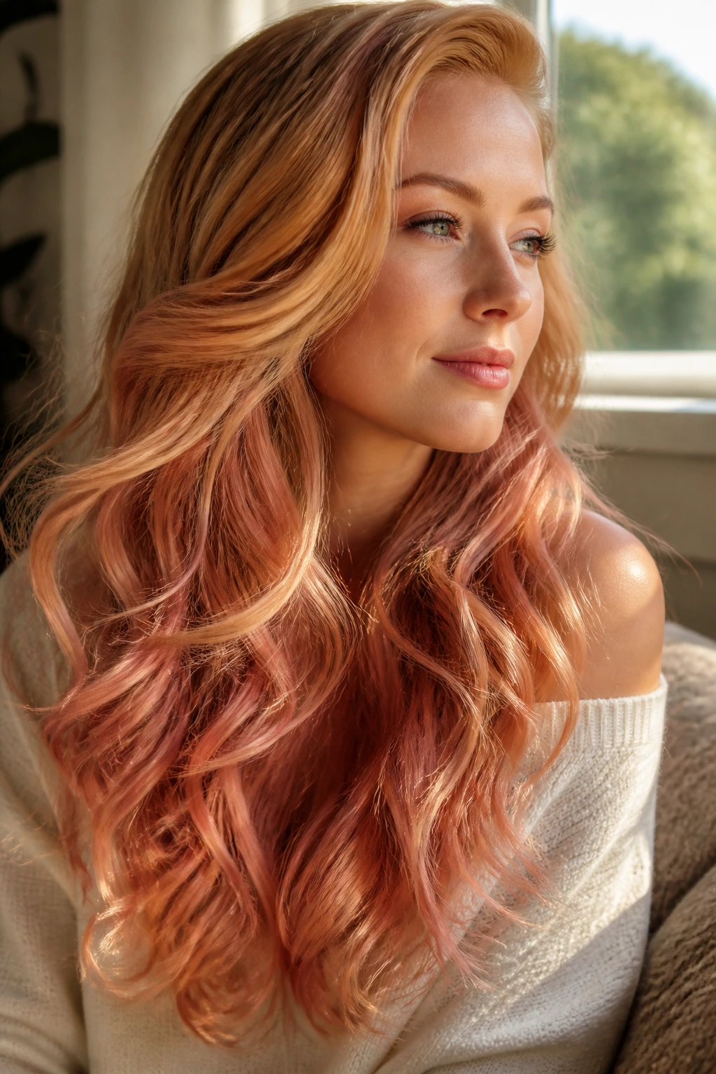 Portrait of a woman with raspberry tint on golden blonde long hair