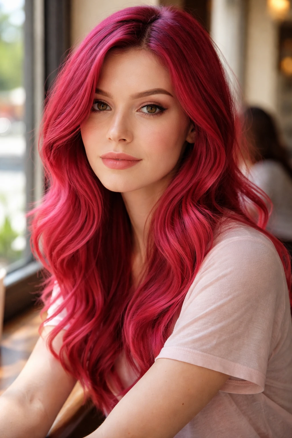 Close-up portrait of a real woman with raspberry tint hair catching light like stained glass