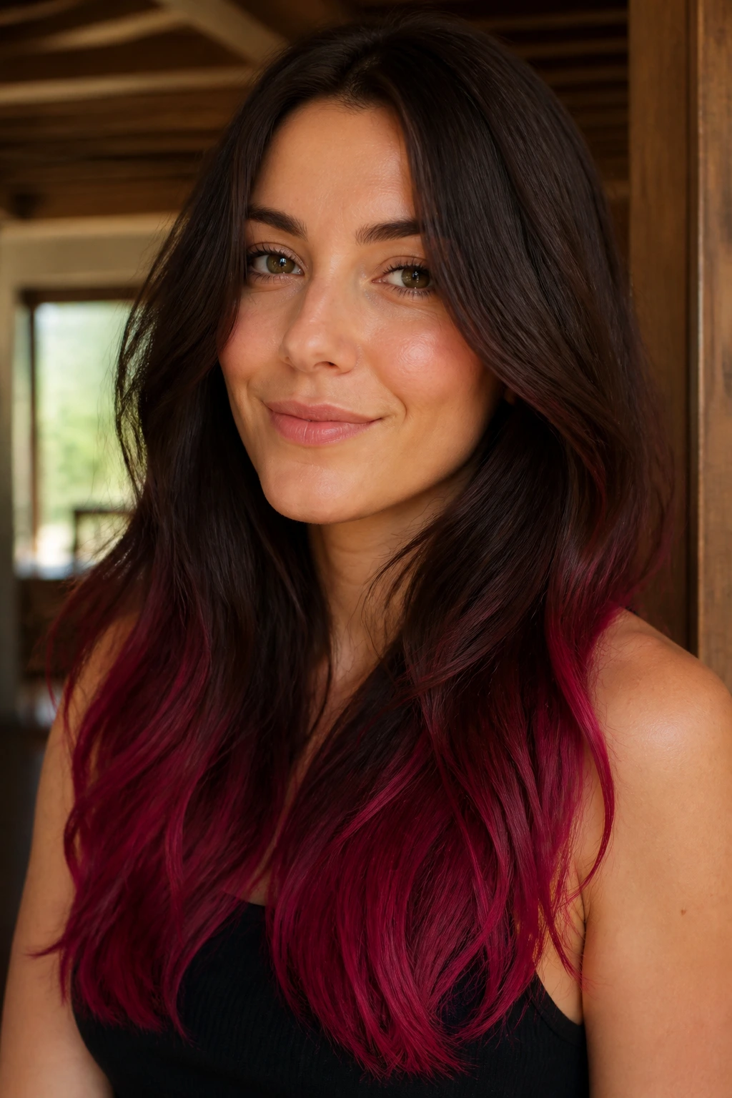 Portrait of a woman with raspberry tips on espresso brown hair.