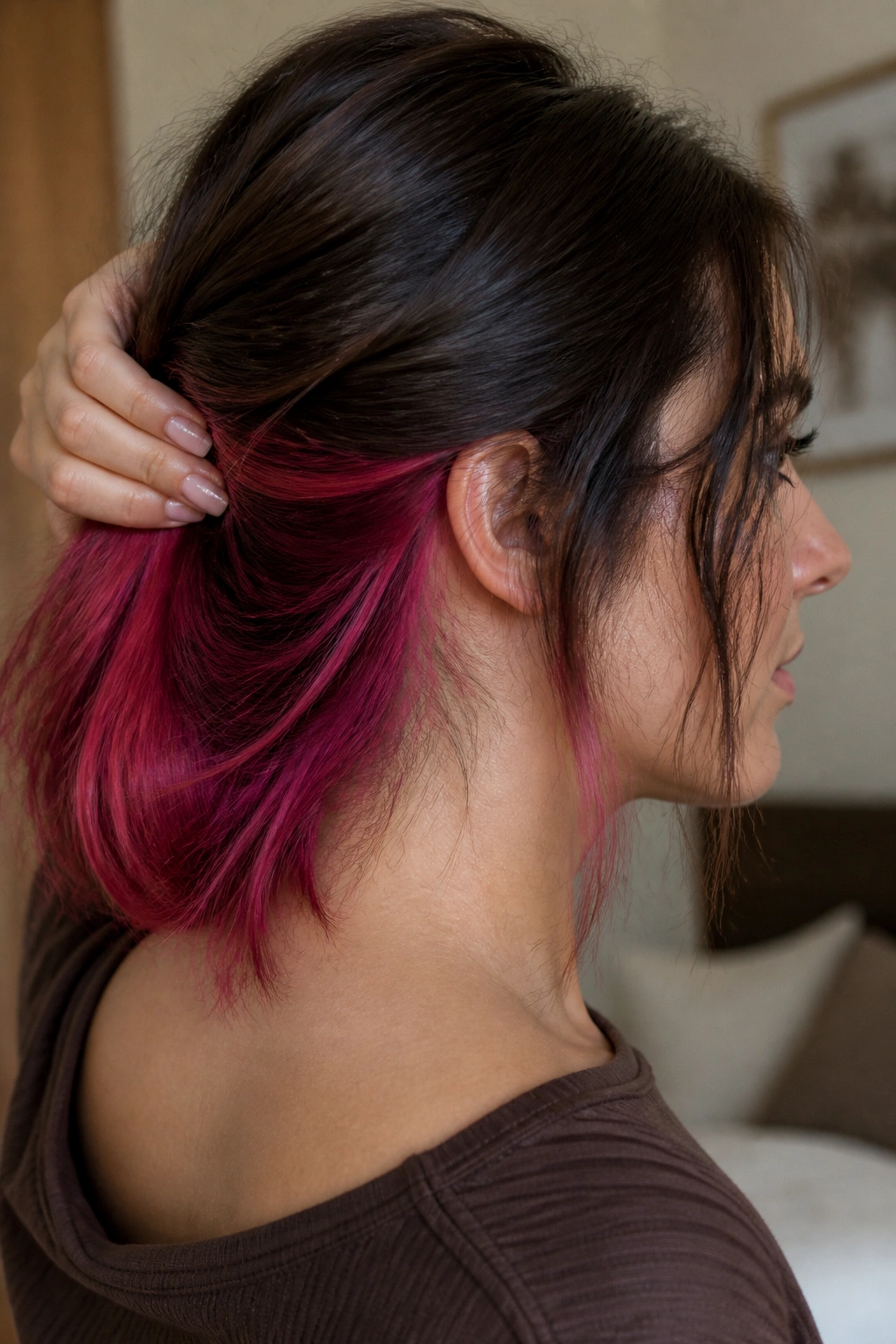 Close-up of raspberry underlayer panels peeking through brown hair