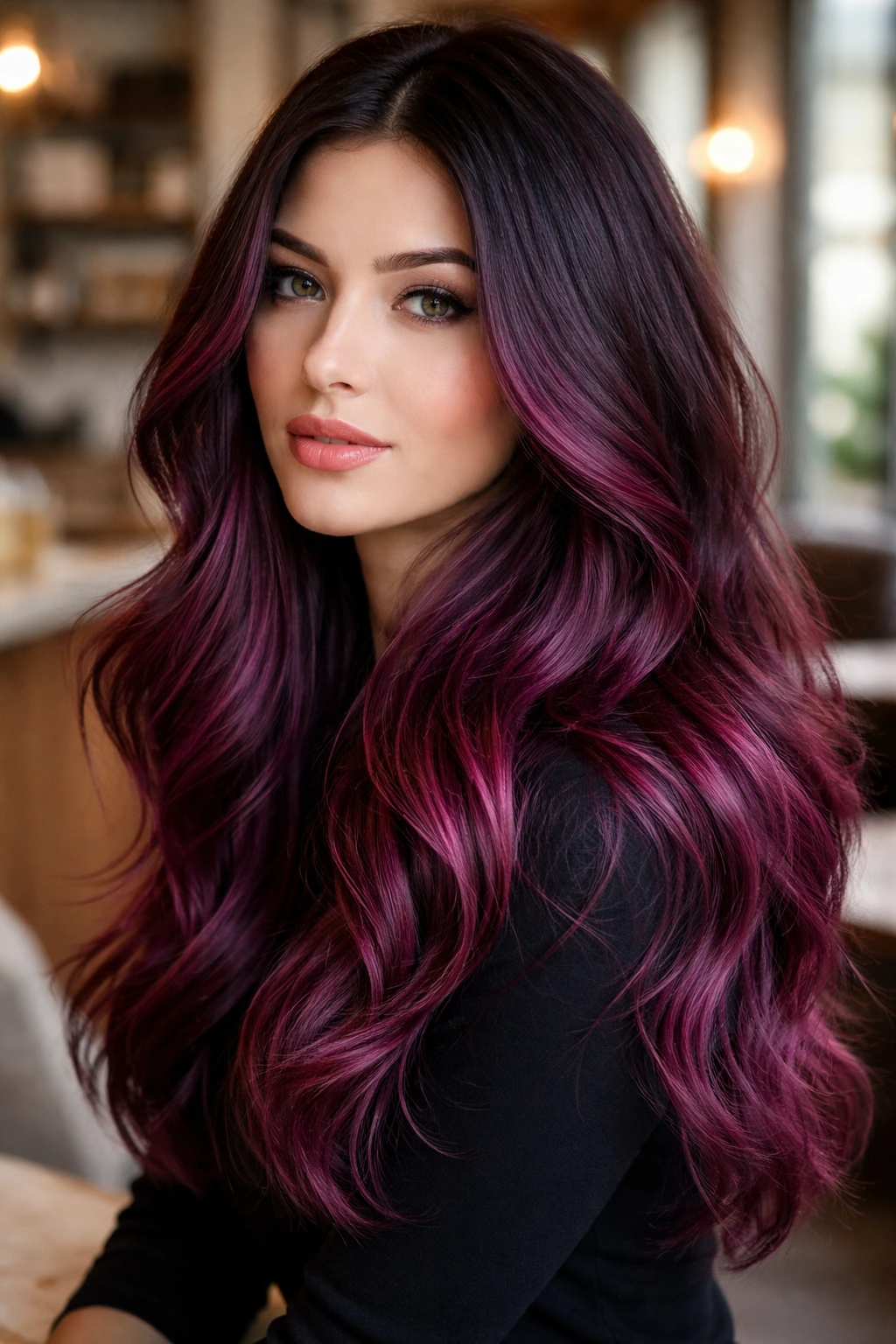 Close-up portrait with raspberry-violet balayage in long hair.