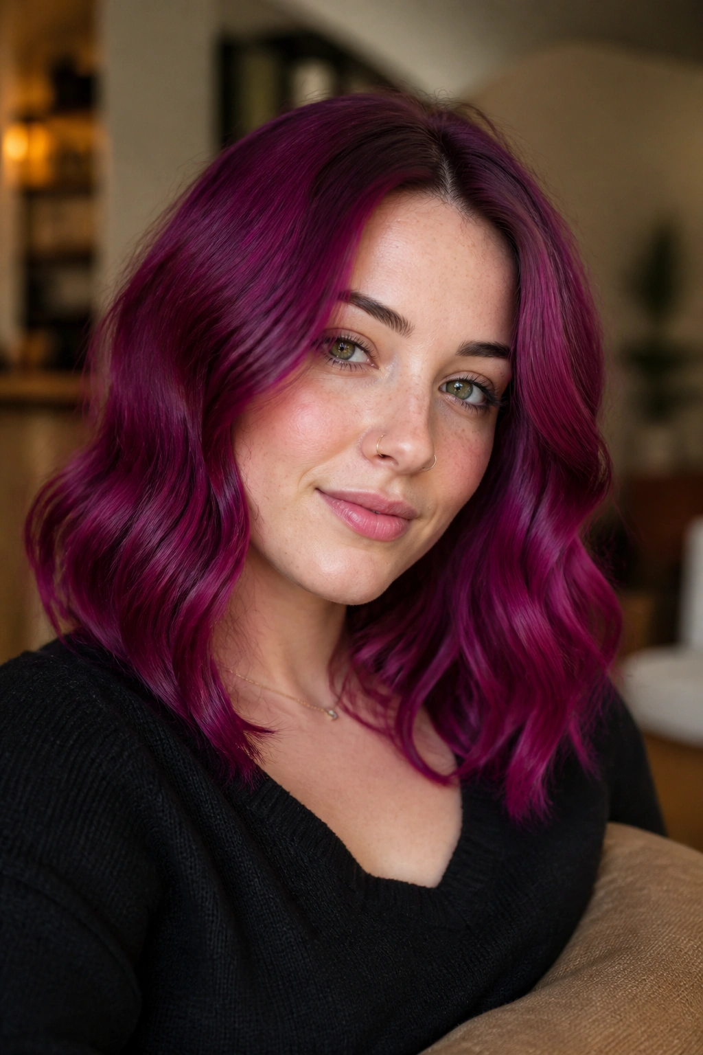 Close-up of a person with raspberry violet hair in a cozy indoor setting.