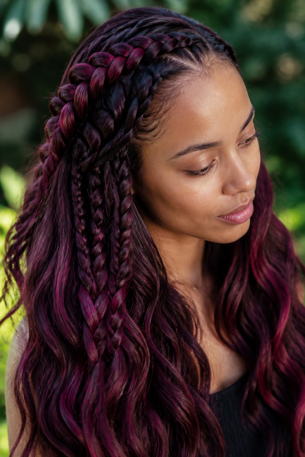 Close-up of a real woman with raspberry wine ombré braided hair, color flashes in the braids.