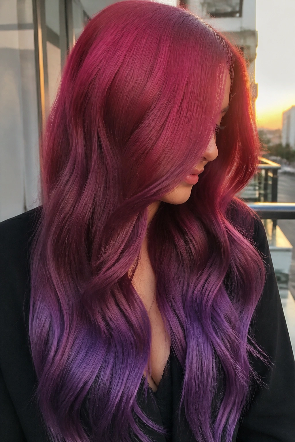 Close-up of a real woman with raspberry-wine-violet gradient hair