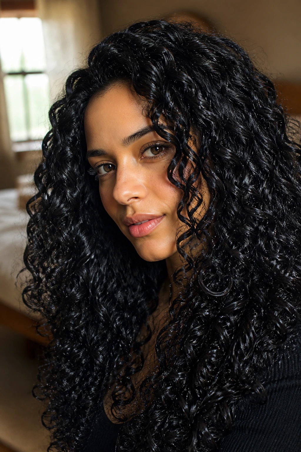 Close-up portrait of a real woman with raven black hair and a high-gloss glaze.