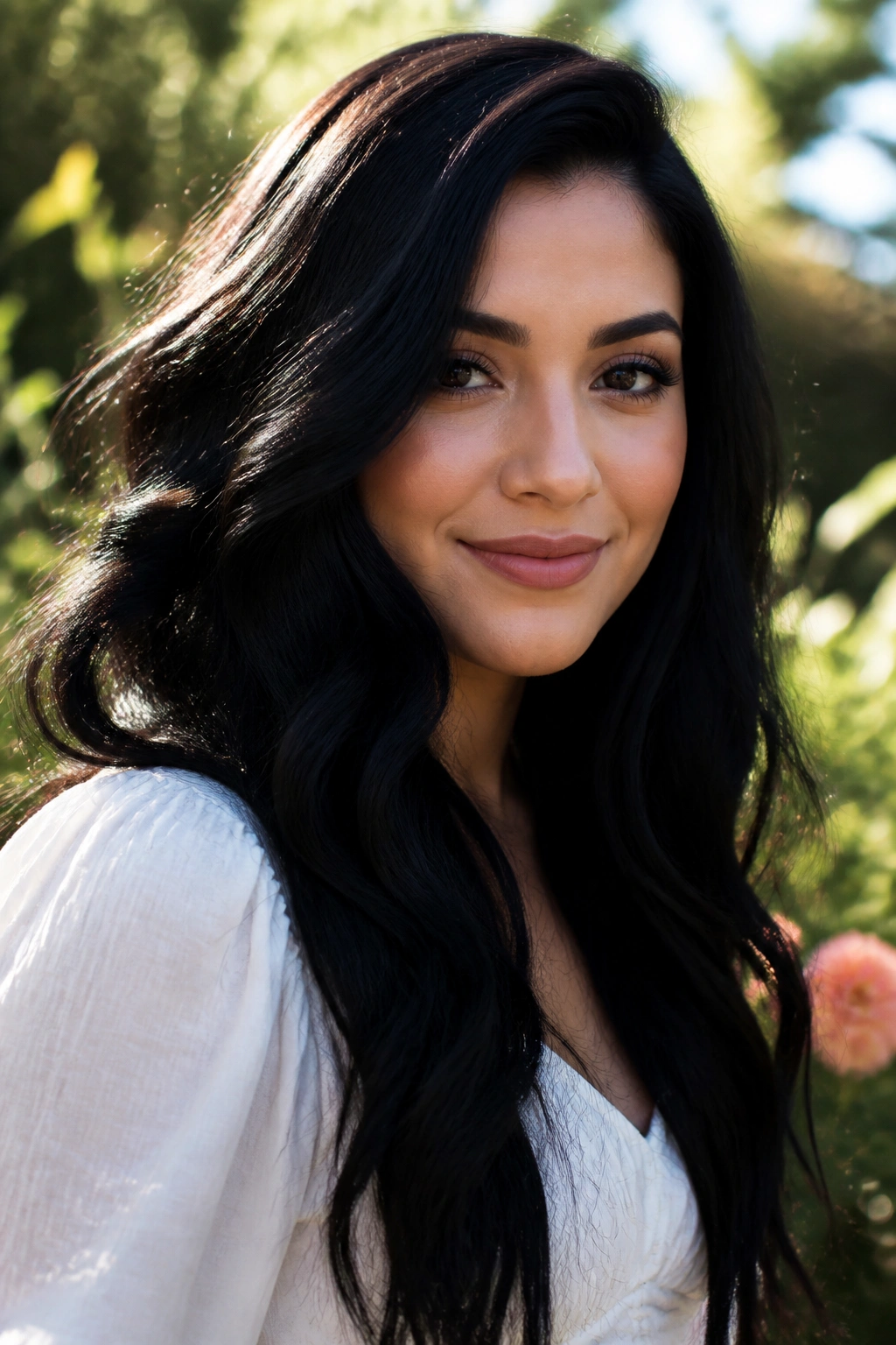 Portrait of a woman with raven-black hair in long waves starting below the chin.