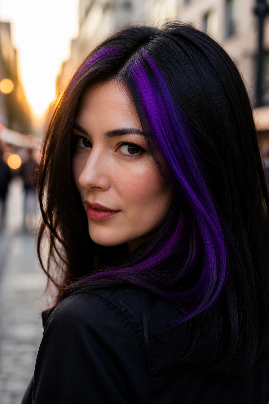 Portrait of a woman with raven black hair and an electric purple streak