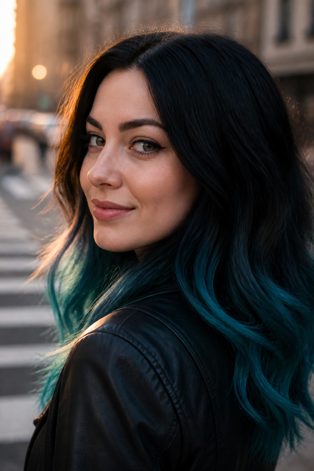 Close-up of a real woman with raven-black hair and teal tips.