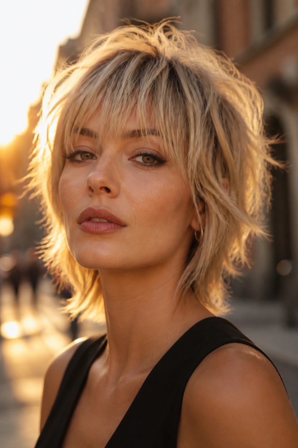 Razor-banged blonde shag close-up portrait showing wispy bangs and choppy texture.