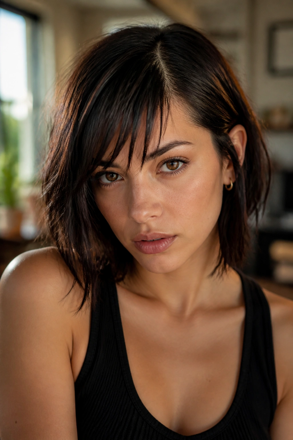Close-up portrait of a real woman wearing piecey razor bangs with a side part in warm window light.