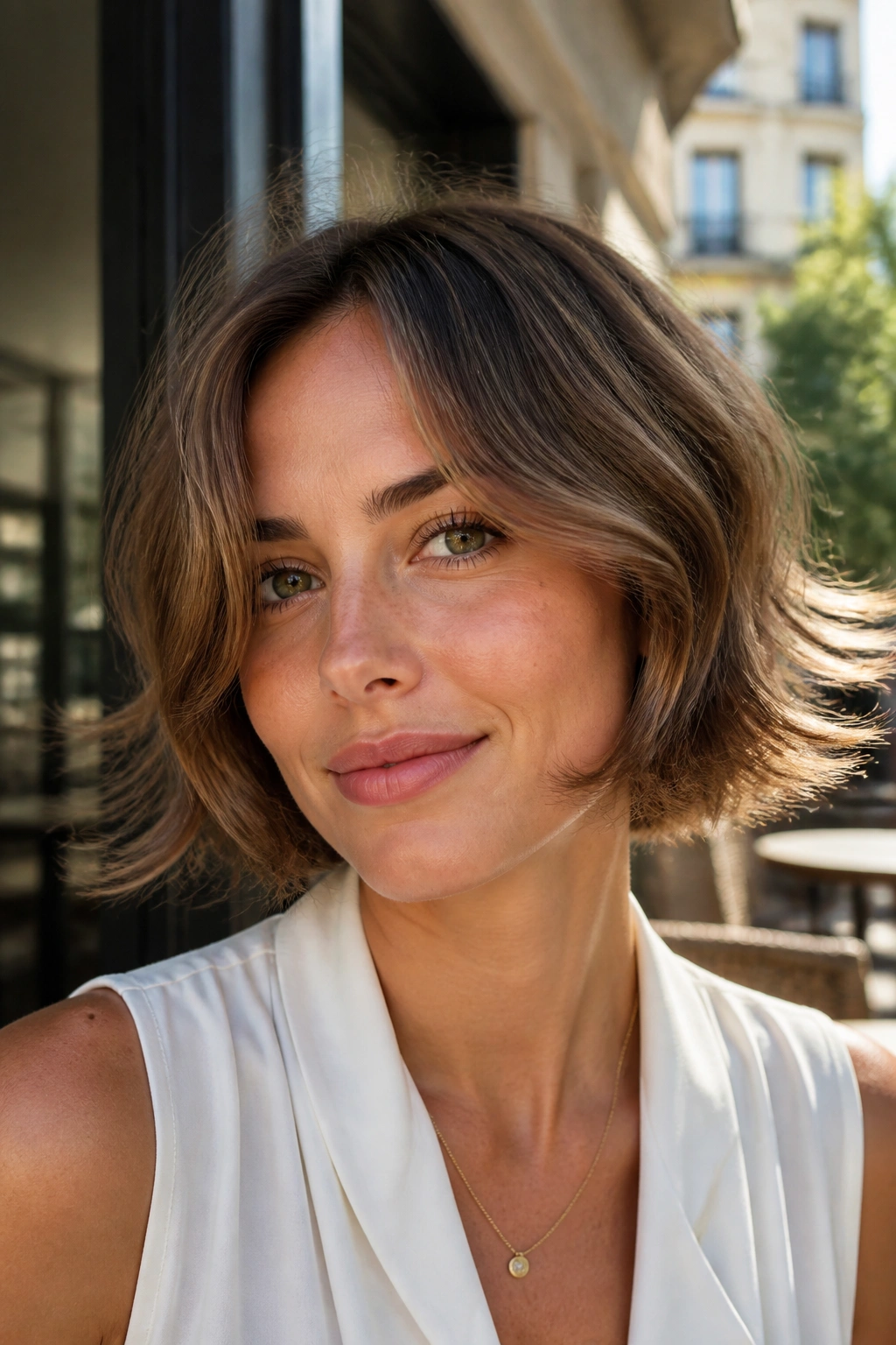 Real woman with a razor bob and flipped-out ends in warm outdoor light
