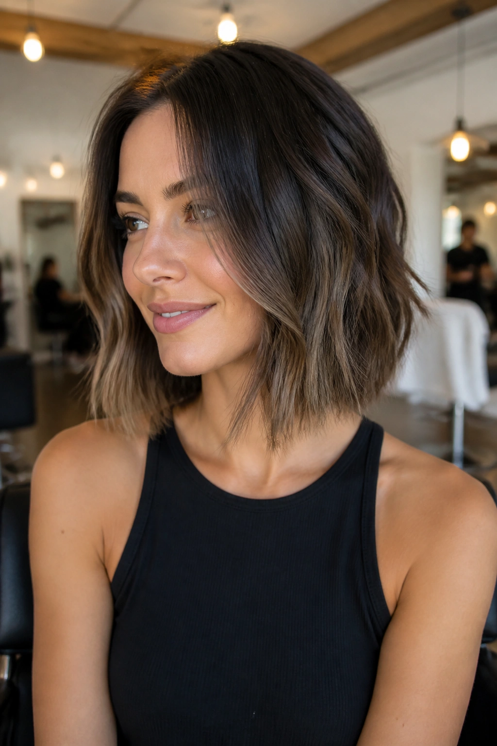 Real woman with shoulder-grazing razor bob and softened ends in a modern salon.