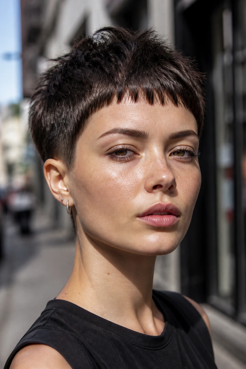 Close-up of a real person with a razor-cut pixie and micro fringe in an outdoor urban setting