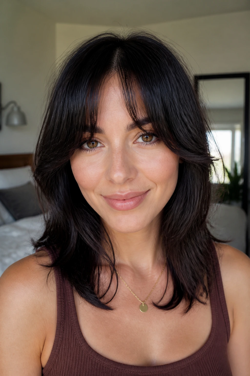 Close-up of a real woman with razor-cut curtain bangs on coarse hair.