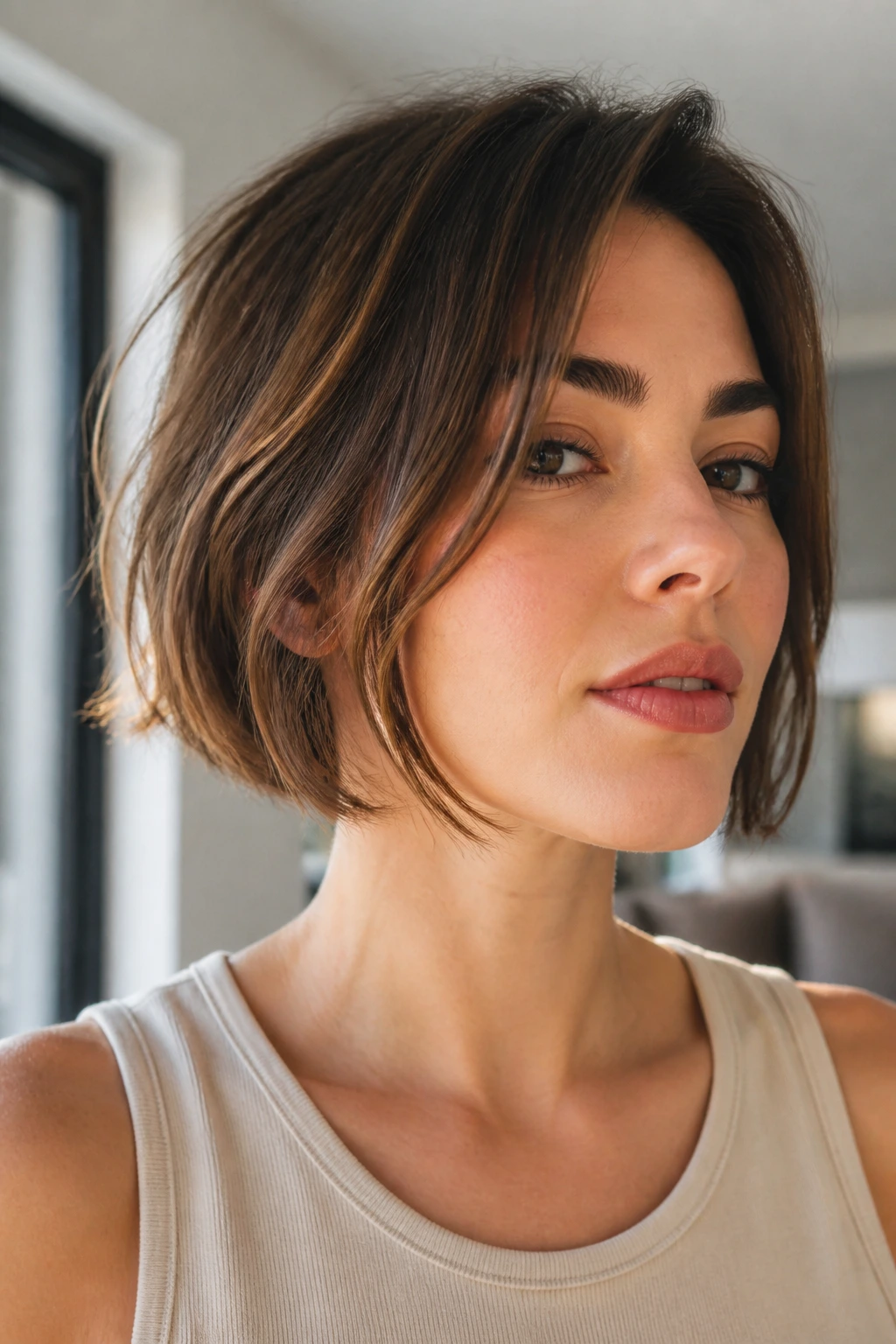 Close-up portrait of a woman with an airy razor-cut bob.