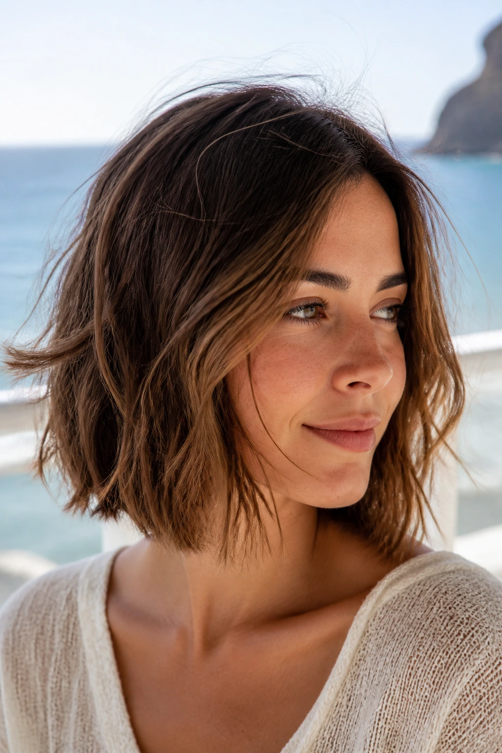 Close-up of a real woman with razor-cut airy lob and weightless waves