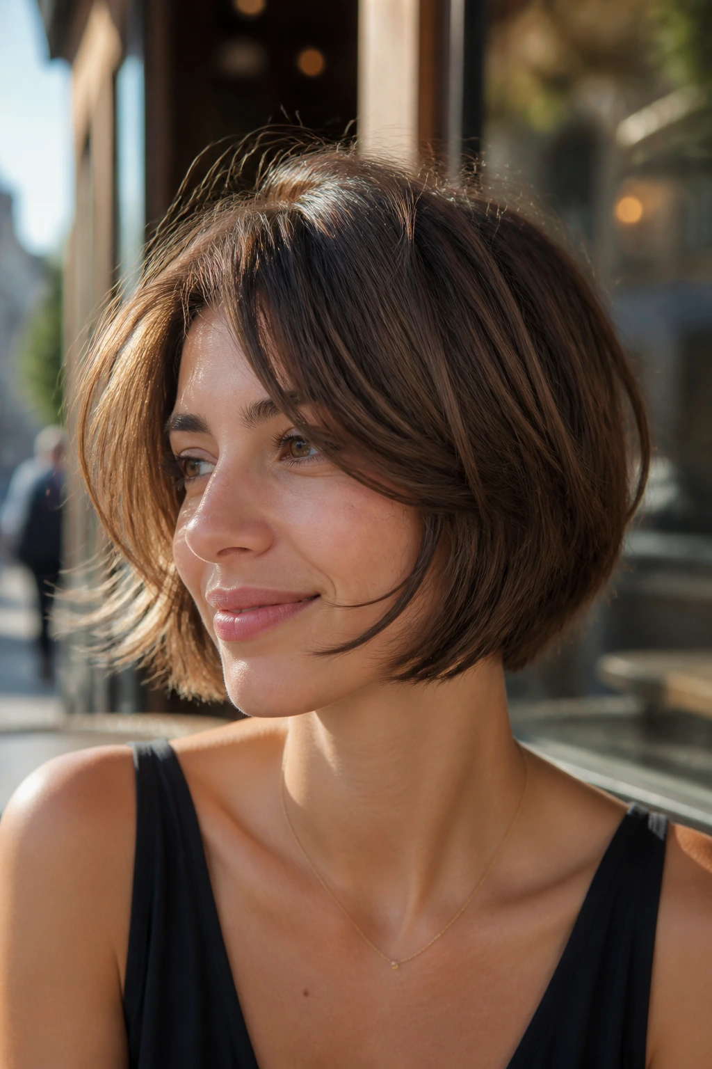 Portrait of a woman with a razor-cut bob and airy perimeter