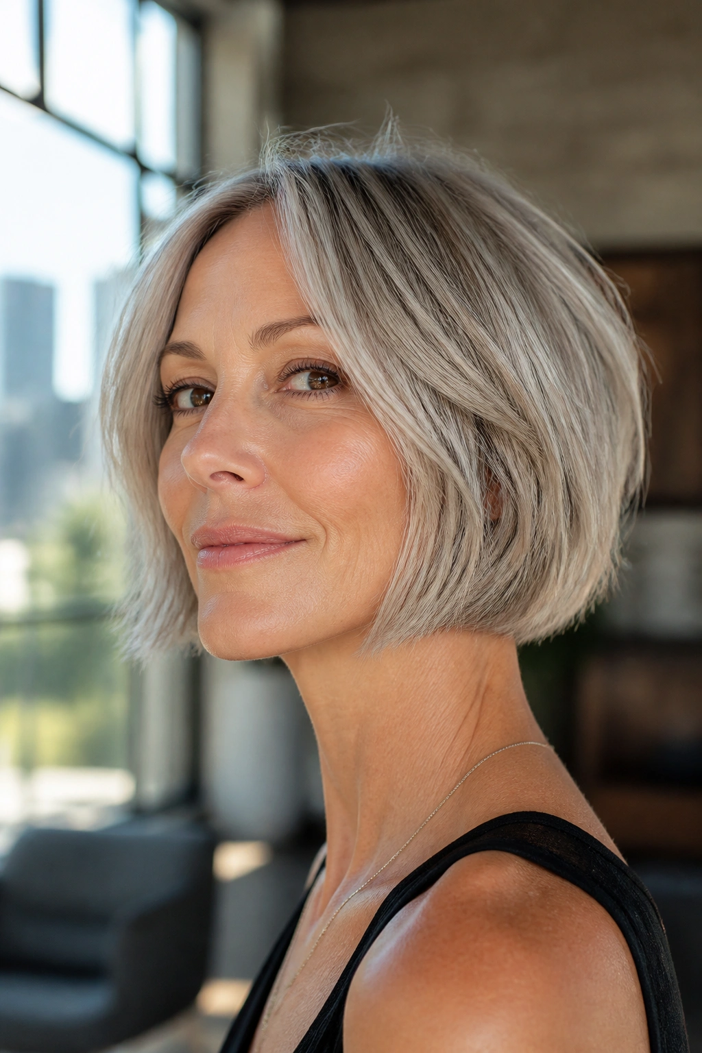 Close-up portrait of a real woman with a razor-cut ash bob with feathered ends