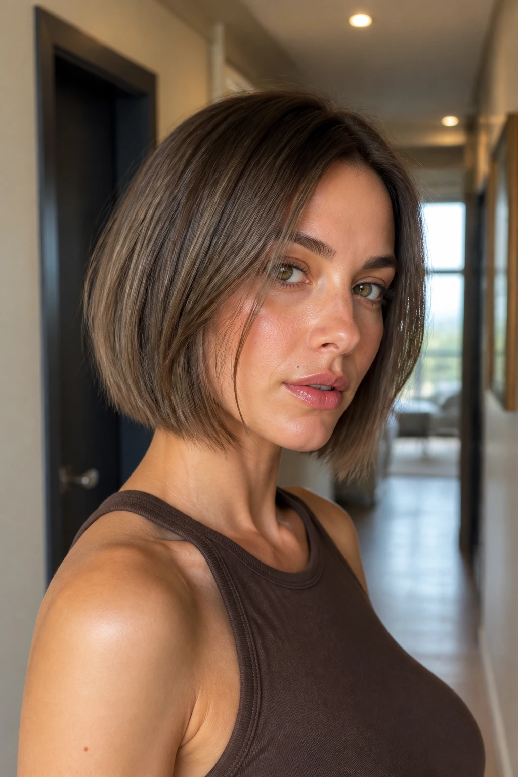 Real woman with razor-cut ash bob showing gentle movement at the jawline.