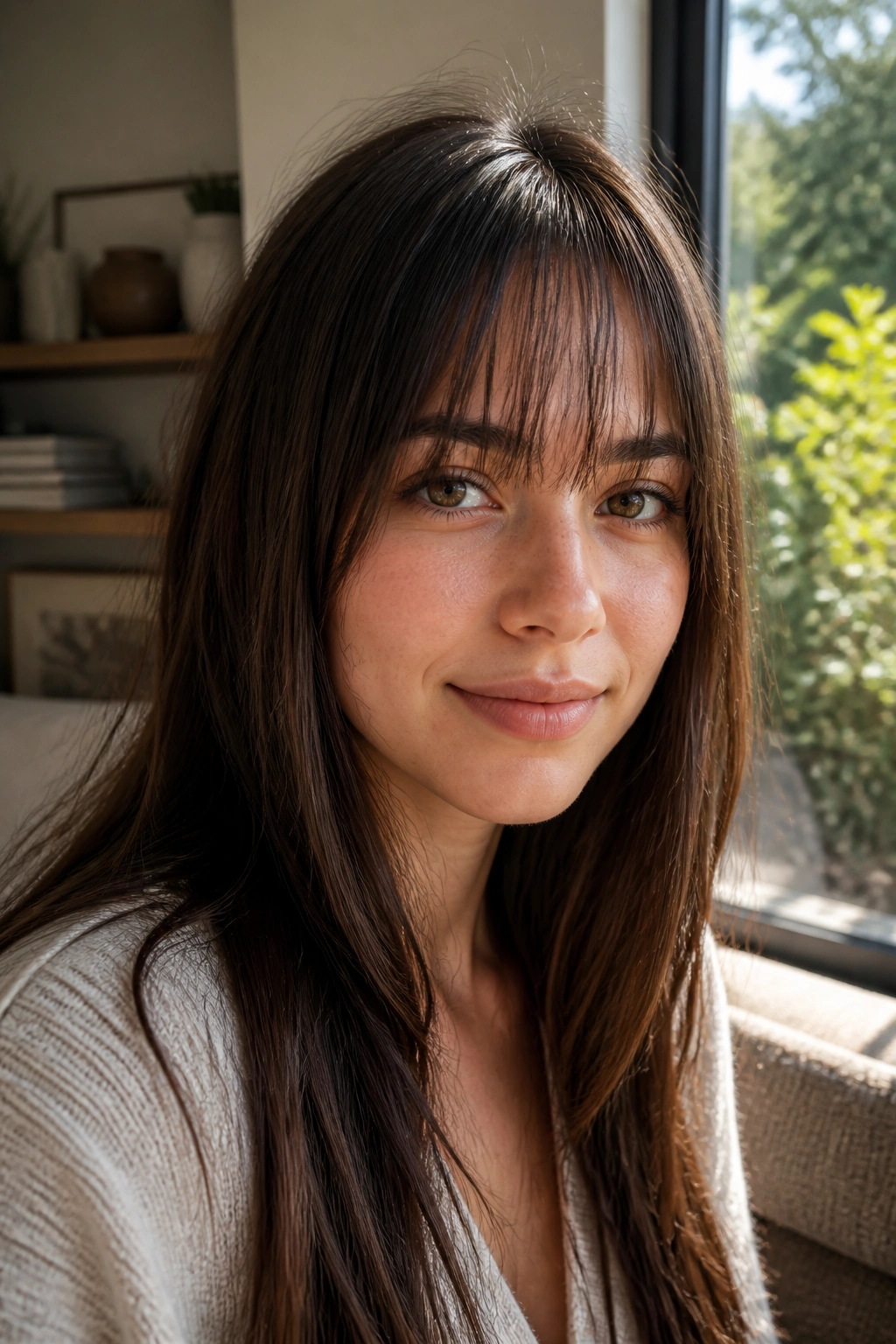 Close-up portrait of a real woman with razor-cut bangs showing soft movement in natural window light