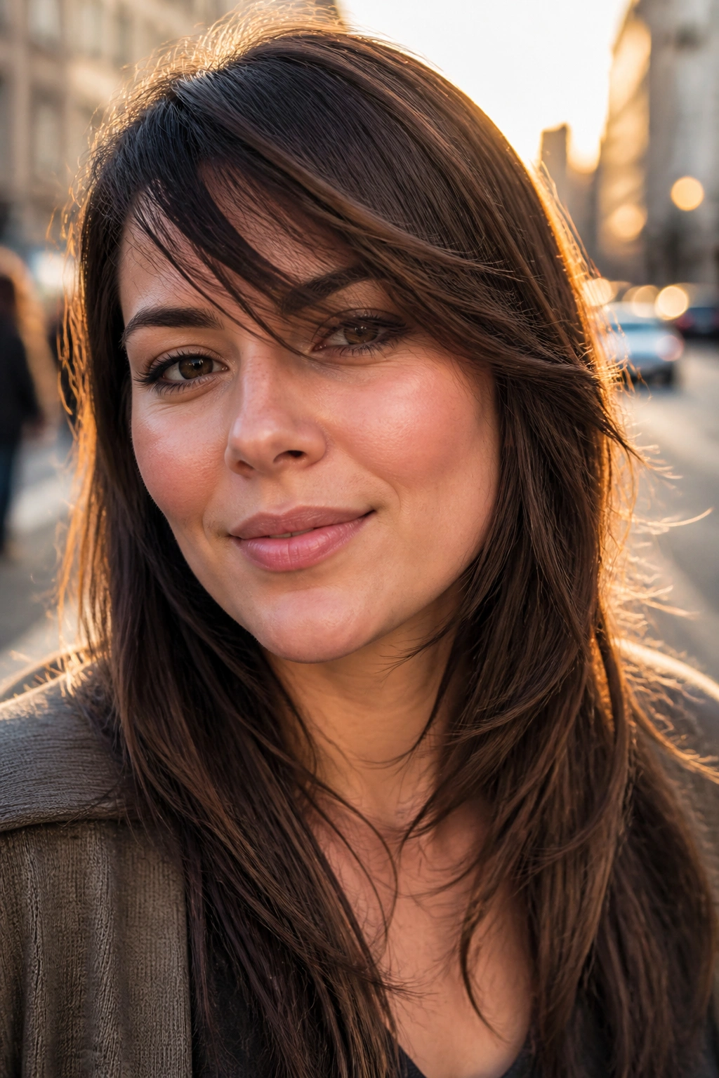 Close-up of real person with razor-cut side bangs showing piecey movement