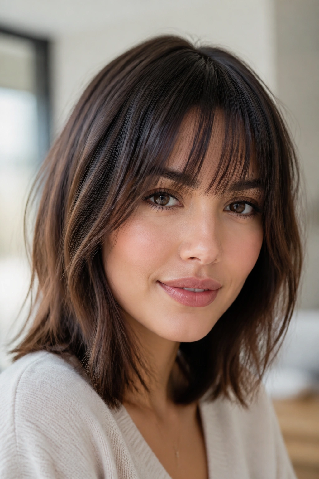 Real woman with razor-cut bangs showing piecey movement.