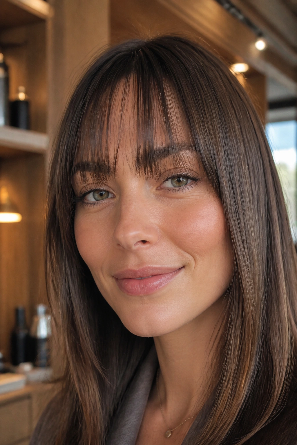 Close-up of a real woman with razor-cut bangs on straight hair in warm window light