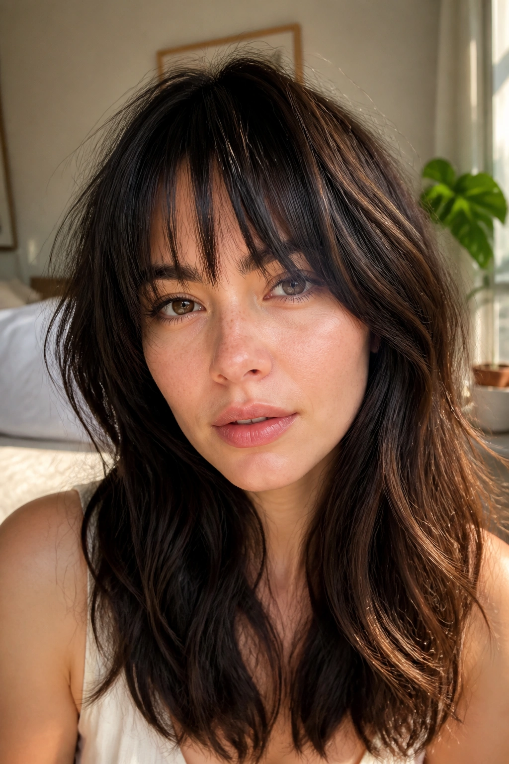 Close-up portrait of a real woman with razor-cut piecey bangs framing her forehead