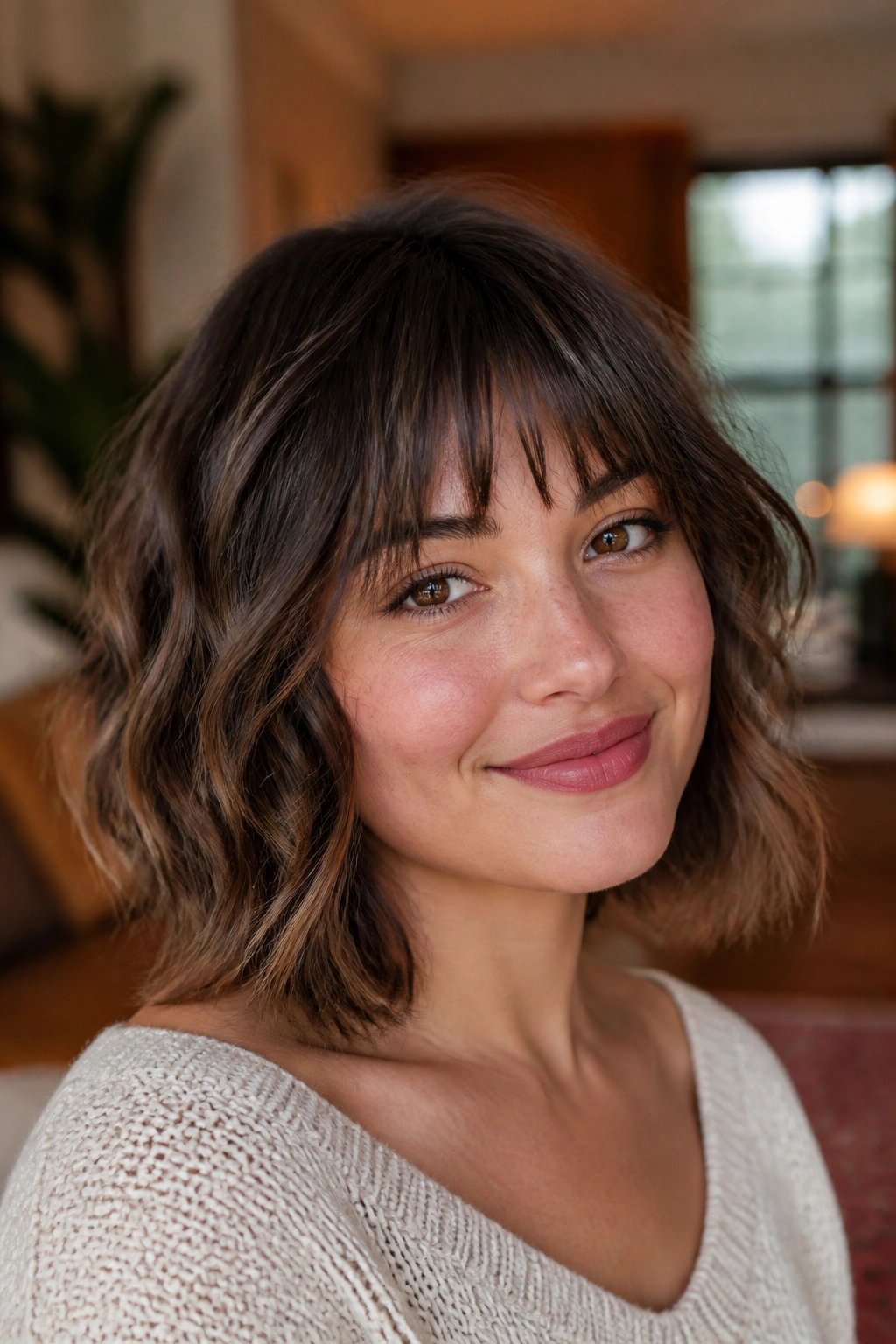 Close-up portrait of a real woman with razor-cut choppy bangs and loose waves
