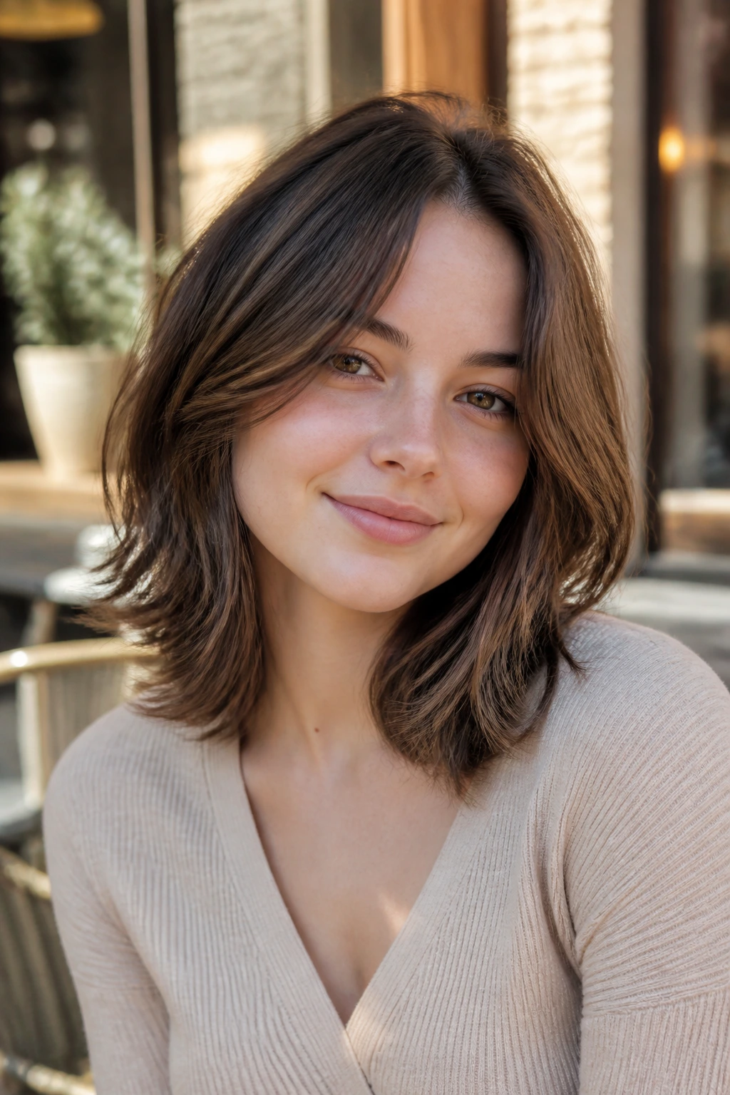 Close-up of shoulder-length razor-cut hair with a soft bend on a real person in cafe light.