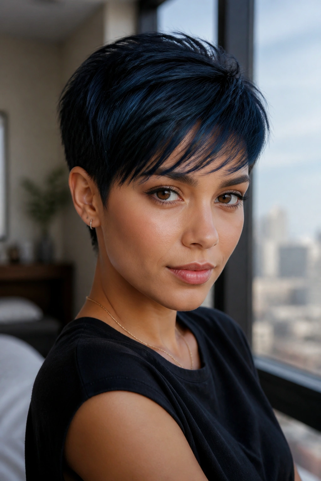 Portrait of a person with razor-cut blue-black crop showing crisp layered ends