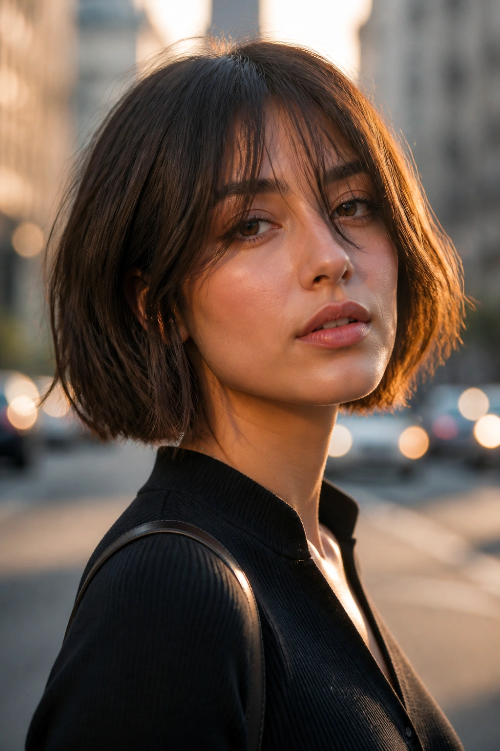 Close-up of a real woman with a razor-cut bob, showing airy, broken ends and movement.