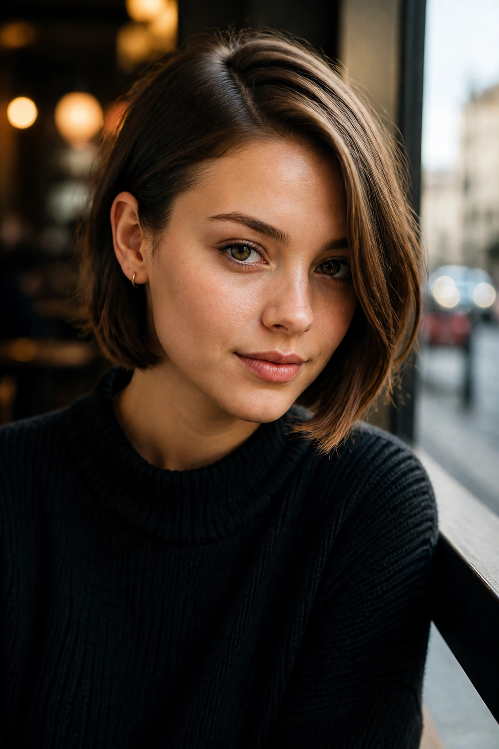 Close-up portrait of a real woman with a razor-cut bob tucked behind one ear in warm cafe light.