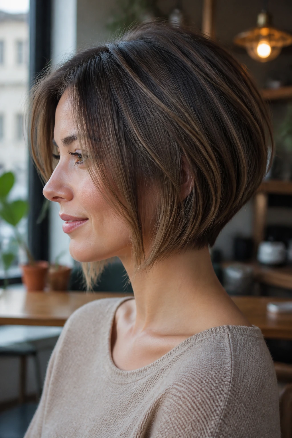 Portrait of a woman with razor-cut graduated bob and textured ends.