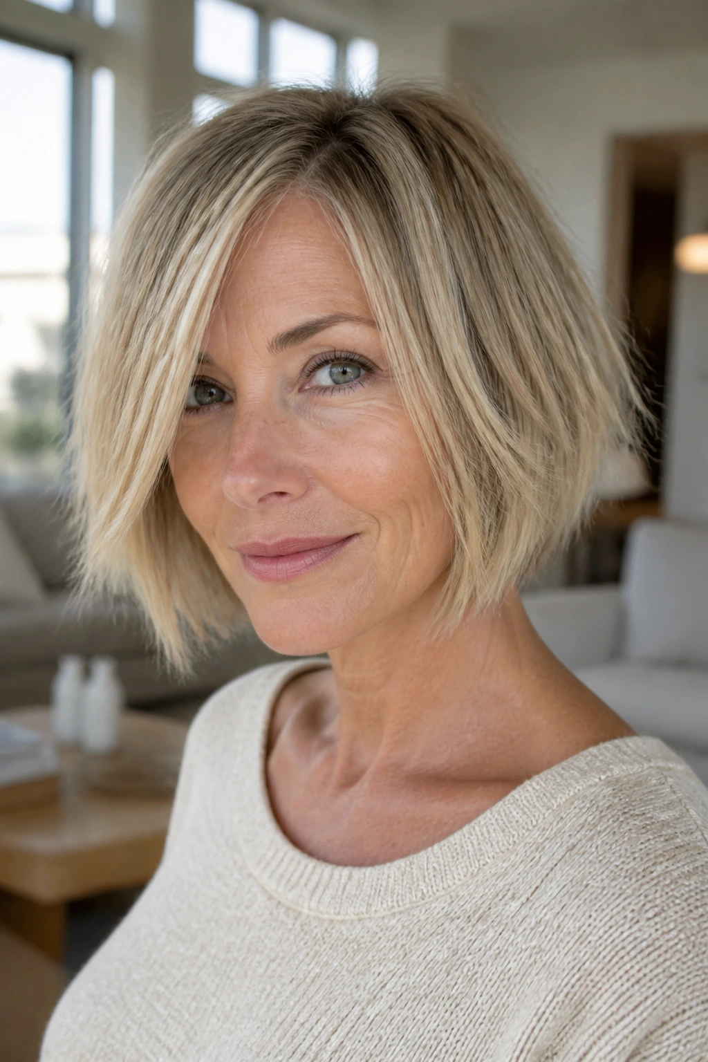 Close-up of a woman with a razor-cut bob and airy ends