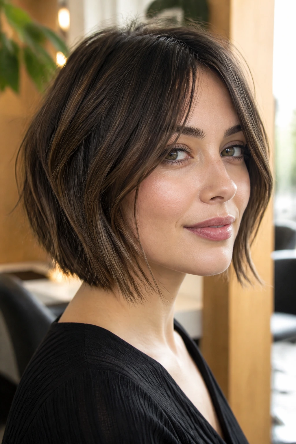 Close-up portrait of a real woman with a razor-cut bob in a salon
