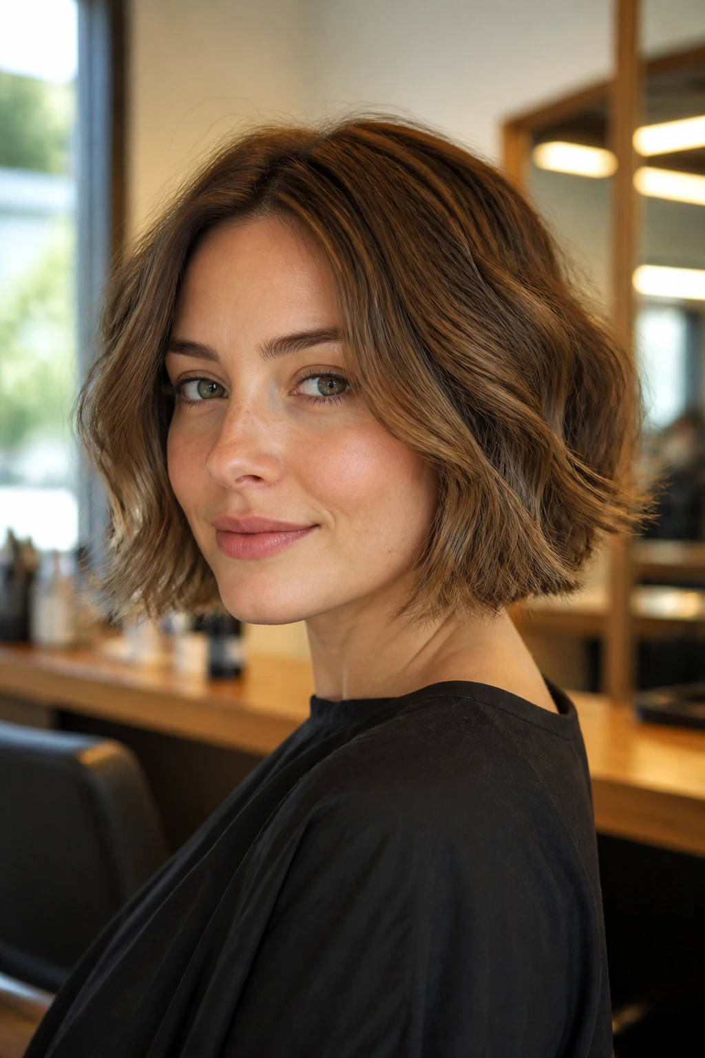 Close-up portrait of a real woman with a razor-cut bob and airy ends