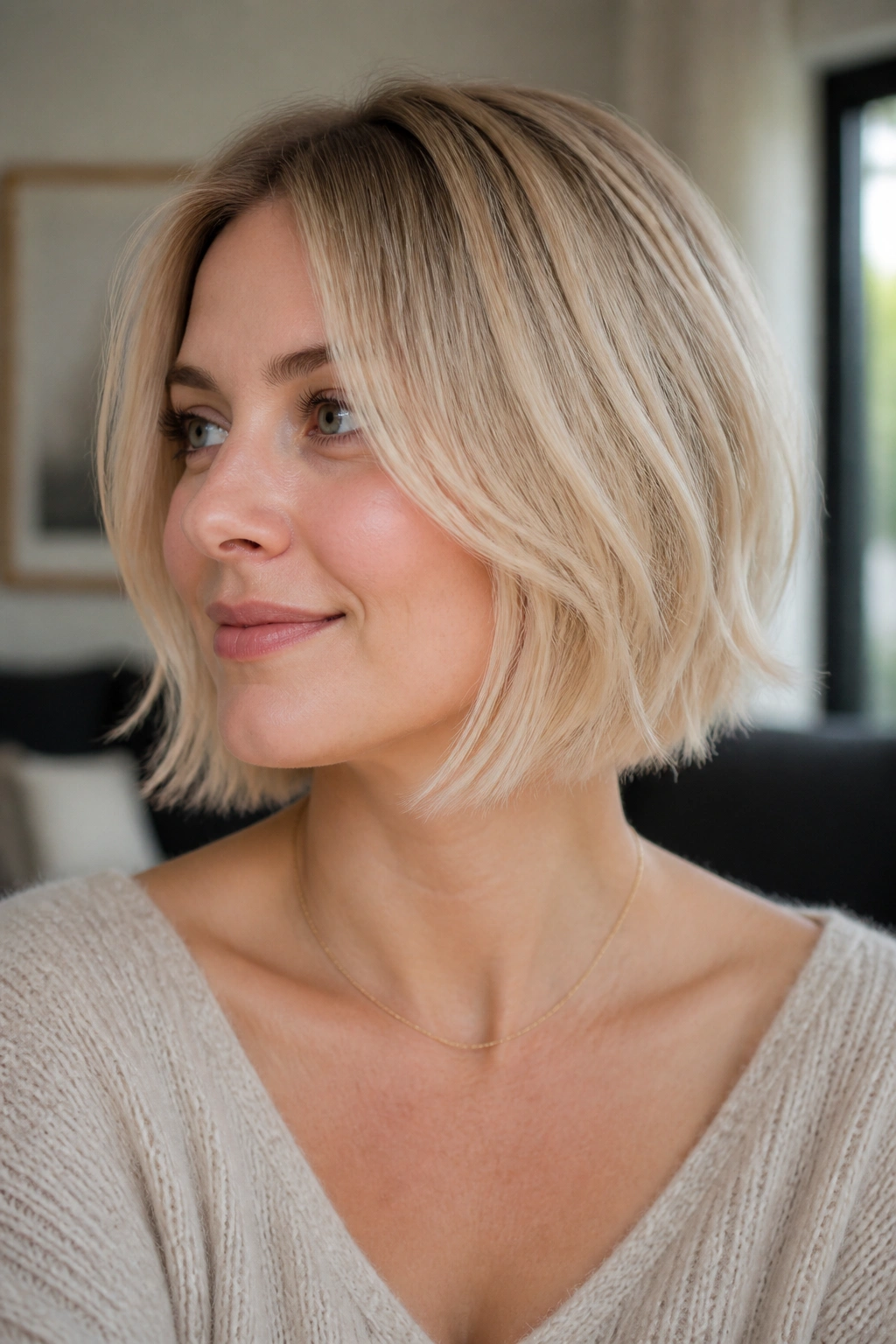 Close-up of a real woman with a razor-cut bob and airy feathered ends