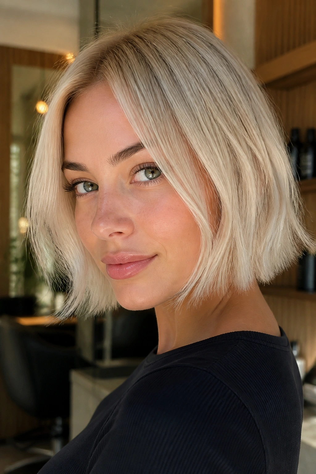Close-up of a real woman with a razor-cut bob and airy blonde ends.