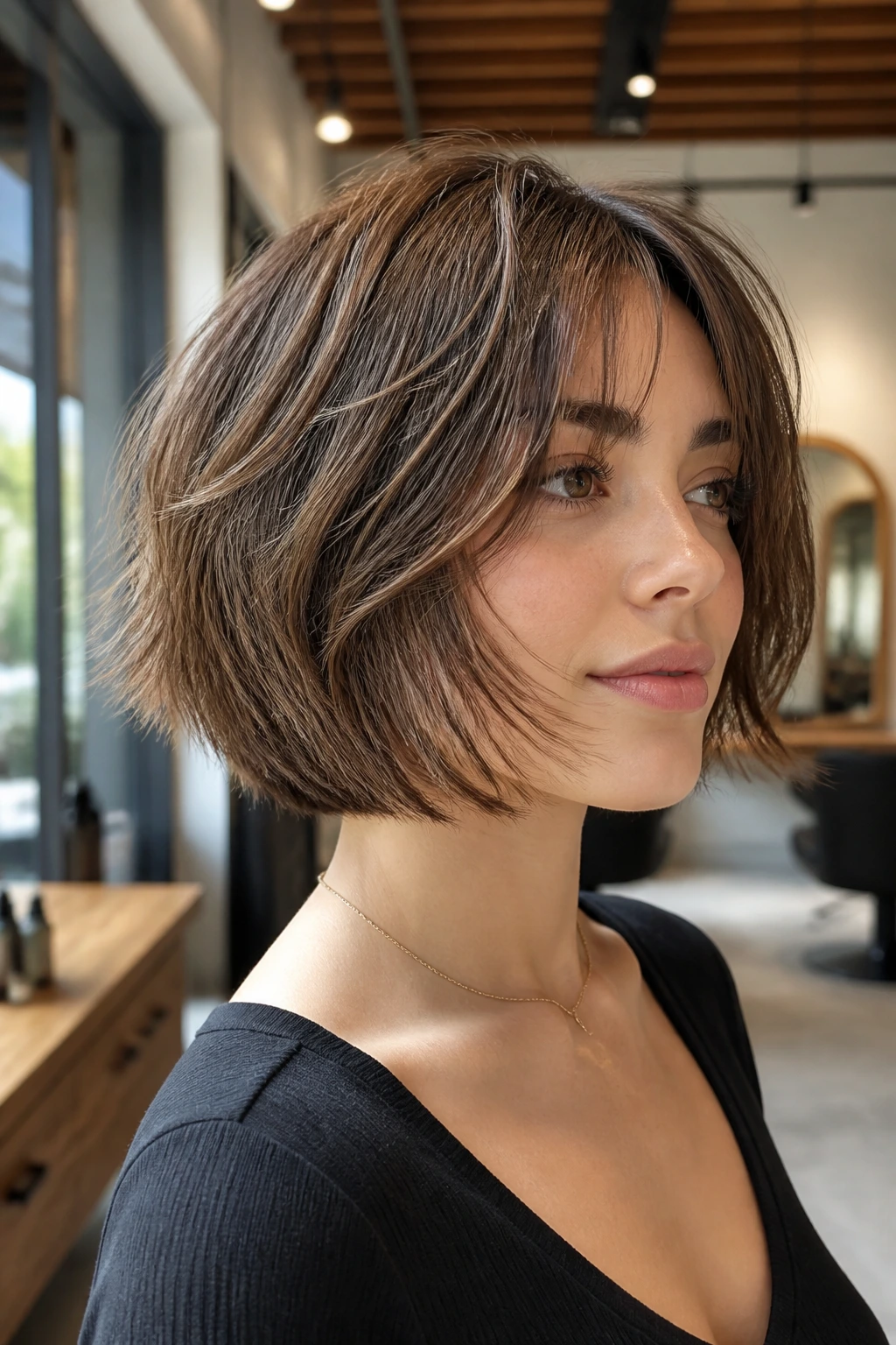 Close-up of real woman with razor-cut bob and airy texture in a salon setting