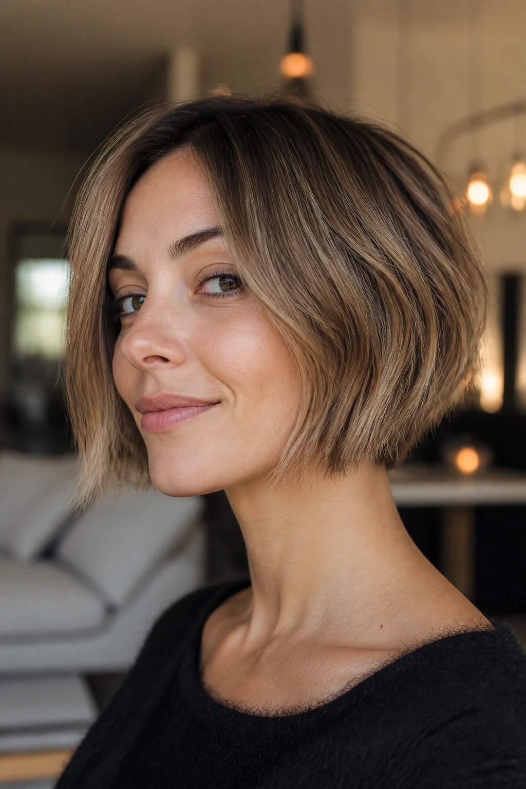 Real woman with razor-cut bob and broken ends in warm living room light