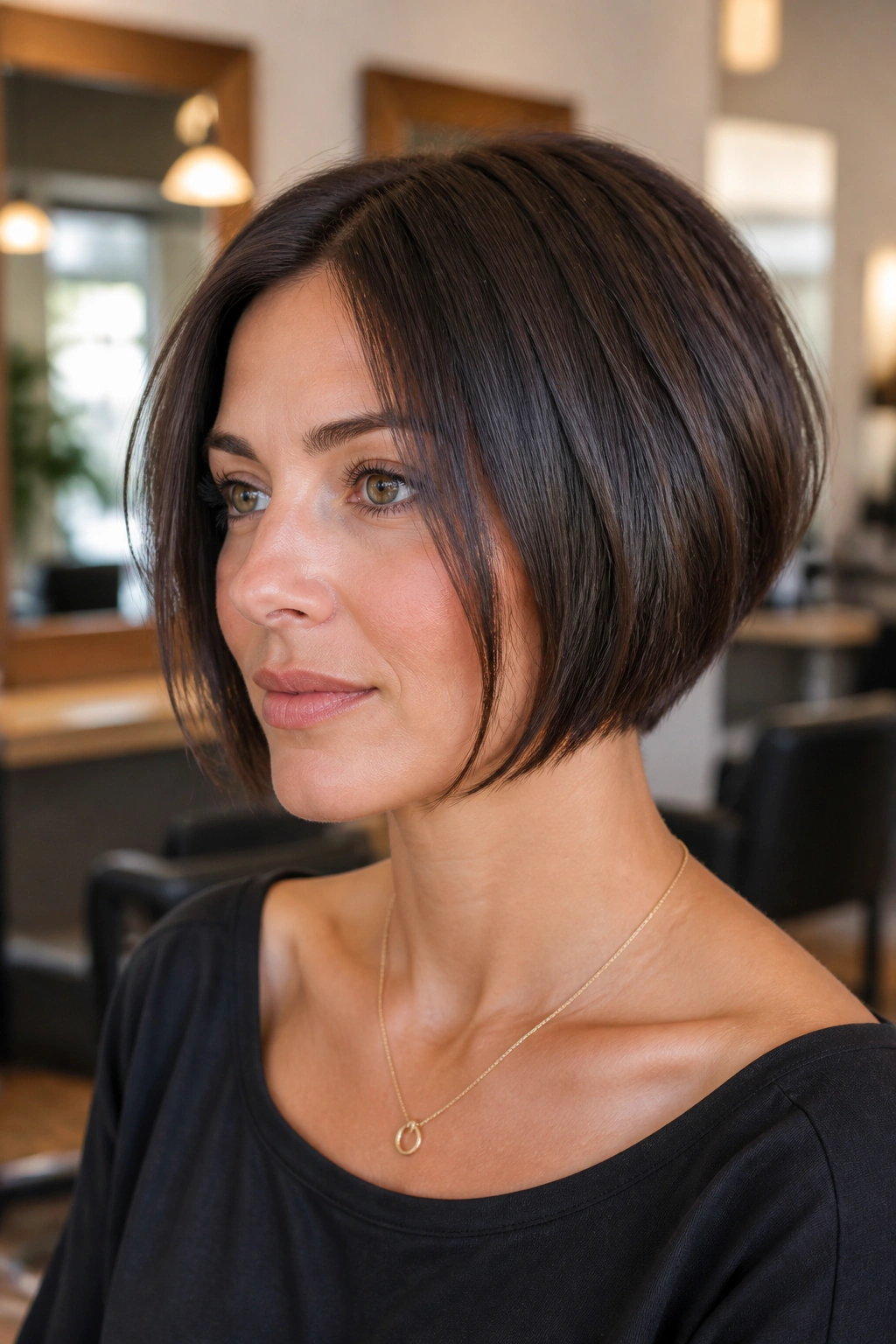 Close-up of a real woman with a chin-skimming razor bob in warm salon light
