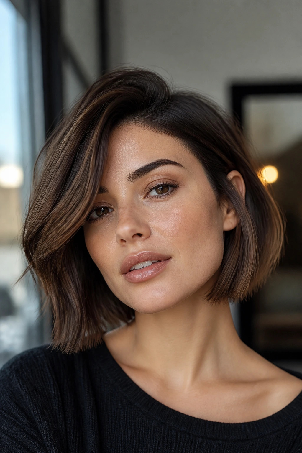 Close-up portrait of a real woman with razor-cut bob and deep side part.