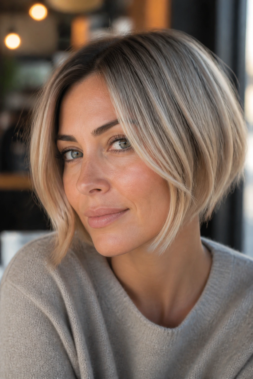 Close-up of a real woman with a razor-cut bob and soft face-framing pieces