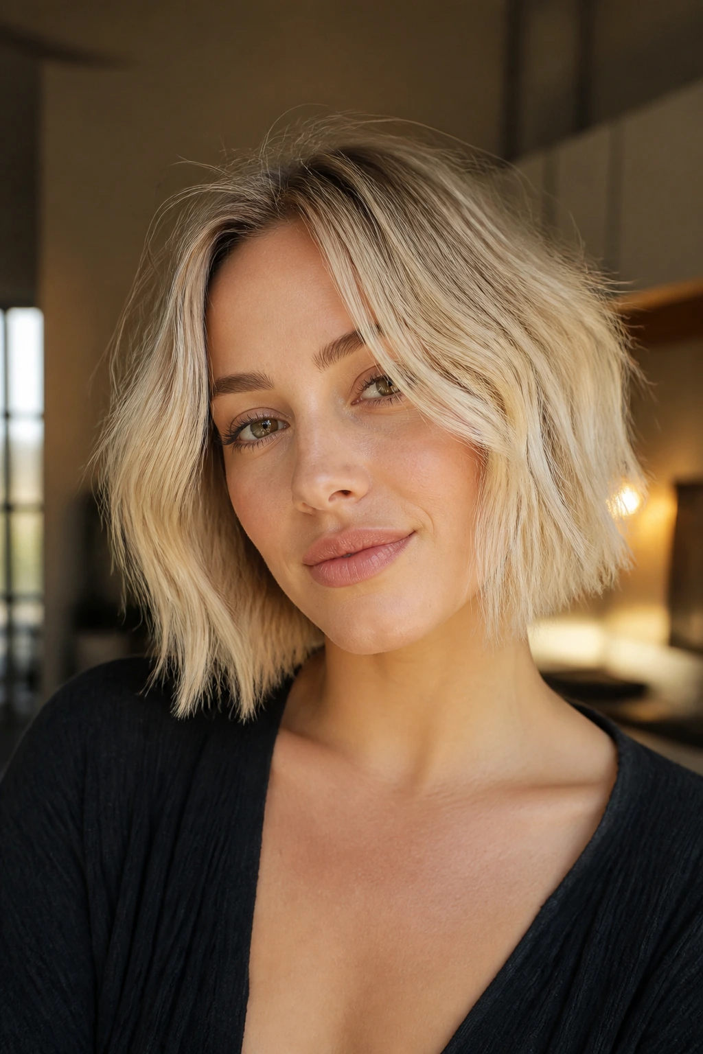 Real woman with razor-cut feather-light bob ends in an urban setting